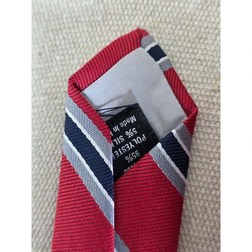 House of Arden Mens Red Navy Blue Silver Striped Silk Blend Necktie 2855
